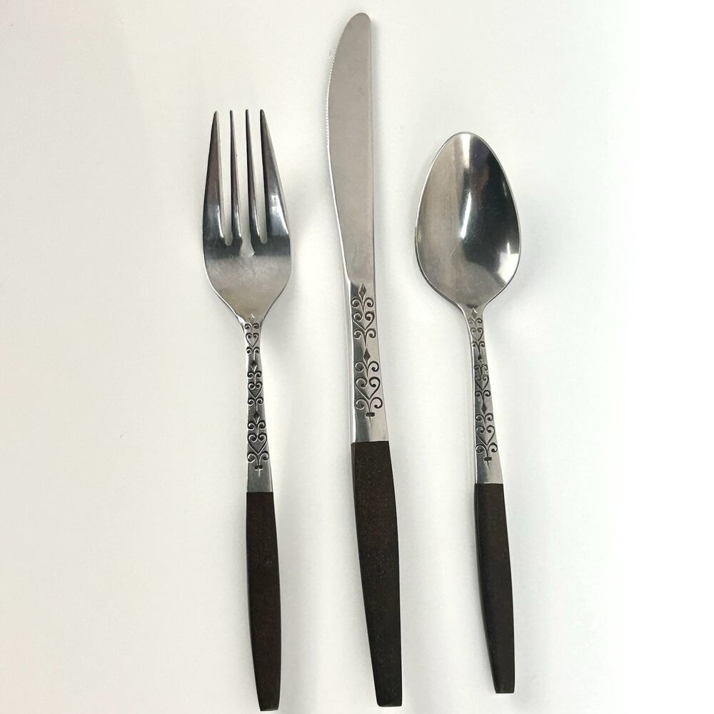 Vtg 3pc Flatware INTERPUR INR2 Japan Stainless Steel Brown Faux Wood Scroll MCM